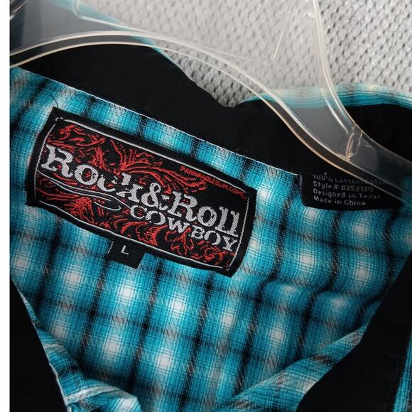 Rock & Roll Cowboy Western Shirt Mens Large Teal Check Western Rodeo Cowboy Snap - Picture 6 of 12